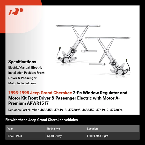 1993-1998 Jeep Grand Cherokee 2-Pc Window Regulator and Motor Kit Front Driver & Passenger Electric with Motor A-Premium APWR1517