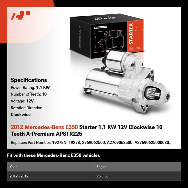 2012 Mercedes-Benz E350 Starter 1.1 KW 12V Clockwise 10 Teeth A-Premium APSTR225