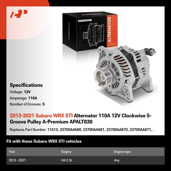 2013-2021 Subaru WRX STI Alternator 110A 12V Clockwise 5-Groove Pulley A-Premium APALT830