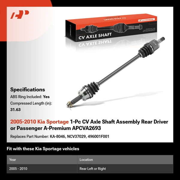 2005-2010 Kia Sportage 1-Pc CV Axle Shaft Assembly Rear Driver or Passenger A-Premium APCVA2693