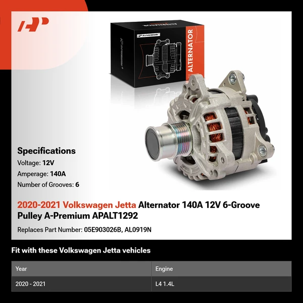 2020-2021 Volkswagen Jetta Alternator 140A 12V 6-Groove Pulley A-Premium APALT1292