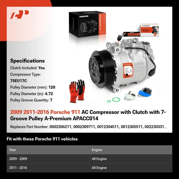 2009 2011-2016 Porsche 911 AC Compressor with Clutch with 7-Groove Pulley A-Premium APACC014