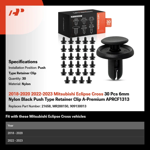 2018-2020 2022-2023 Mitsubishi Eclipse Cross 30 Pcs 6mm Nylon Black Push Type Retainer Clip A-Premium APRCF1313