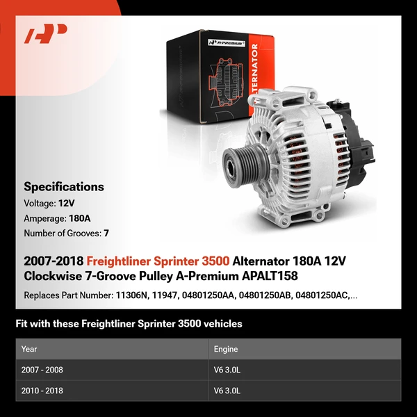 2007-2018 Freightliner Sprinter 3500 Alternator 180A 12V Clockwise 7-Groove Pulley A-Premium APALT158