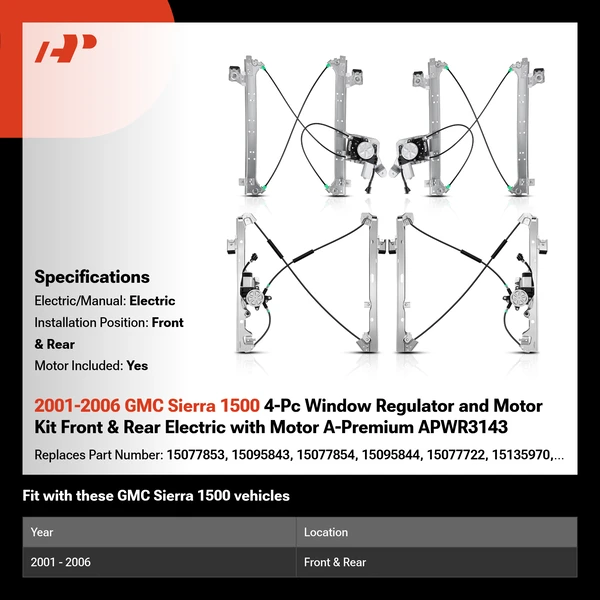 2001-2006 GMC Sierra 1500 4-Pc Window Regulator and Motor Kit Front & Rear Electric with Motor A-Premium APWR3143