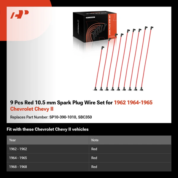 9 Pcs Red 10.5 mm Spark Plug Wire Set for 1962 1964-1965 Chevrolet Chevy II