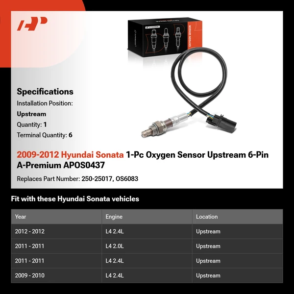 2009-2012 Hyundai Sonata 1-Pc Oxygen Sensor Upstream 6-Pin A-Premium APOS0437