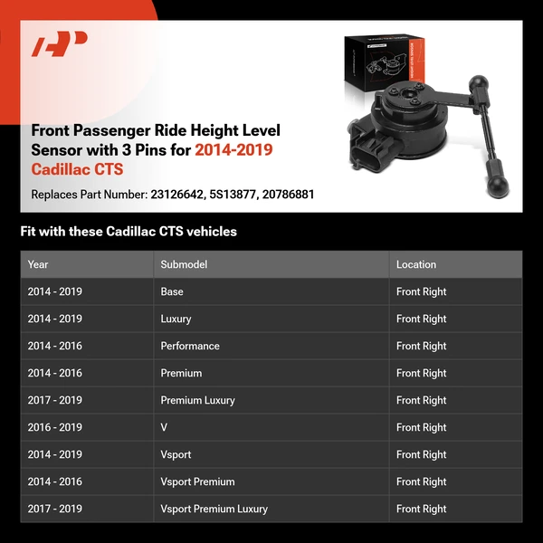 Front Passenger Ride Height Level Sensor with 3 Pins for 2014-2019 Cadillac CTS