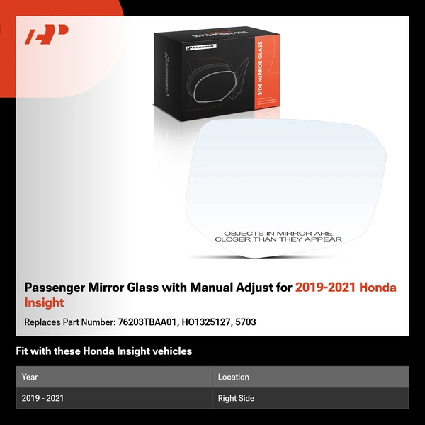 Passenger Mirror Glass with Manual Adjust for 2019-2021 Honda Insight