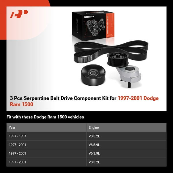 3 Pcs Serpentine Belt Drive Component Kit for 1997-2001 Dodge Ram 1500