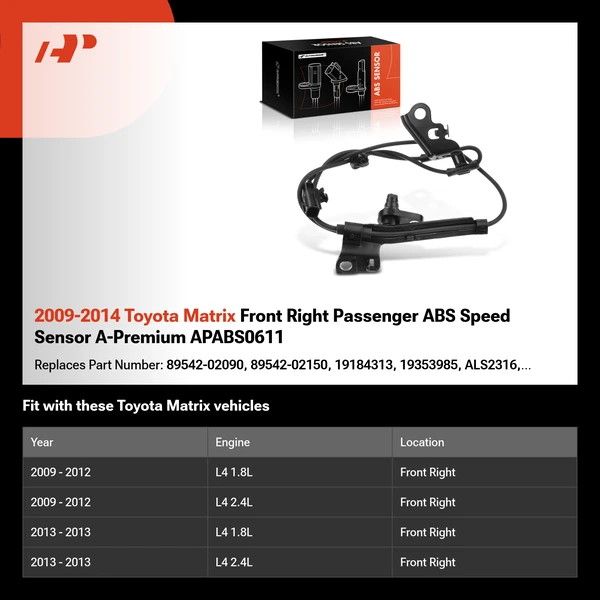 2009-2014 Toyota Matrix Front Right Passenger ABS Speed Sensor A-Premium APABS0611