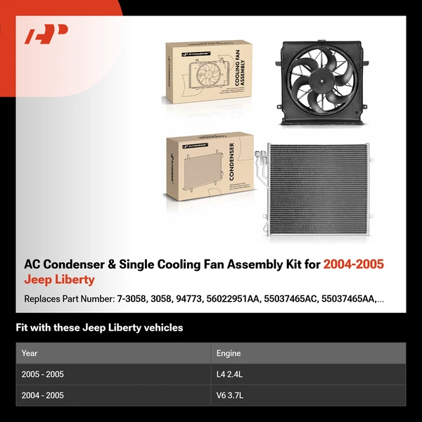 AC Condenser & Single Cooling Fan Assembly Kit for 2004-2005 Jeep Liberty