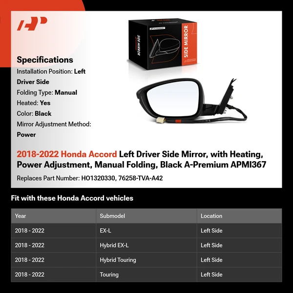 2018-2022 Honda Accord Left Driver Side Mirror, with Heating, Power Adjustment, Manual Folding, Black A-Premium APMI367