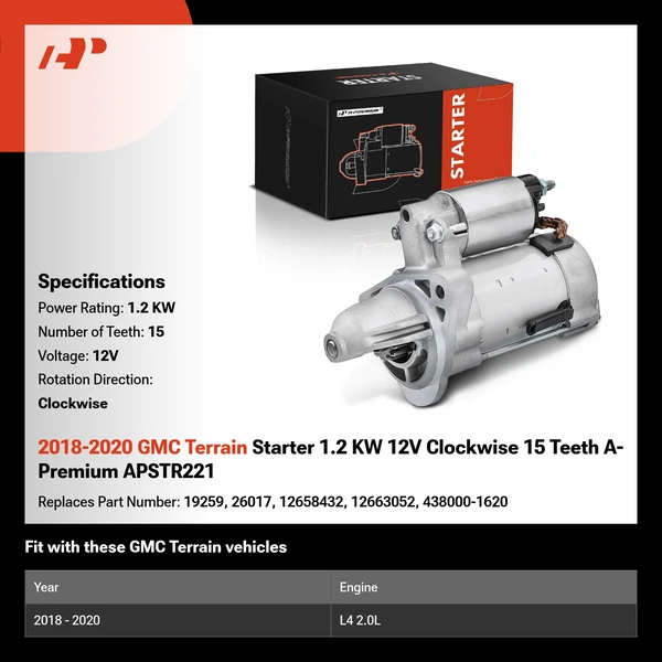2018-2020 GMC Terrain Starter 1.2 KW 12V Clockwise 15 Teeth A-Premium APSTR221