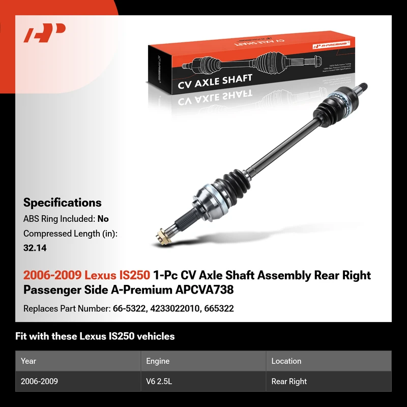 2006-2009 Lexus IS250 1-Pc CV Axle Shaft Assembly Rear Right Passenger Side A-Premium APCVA738