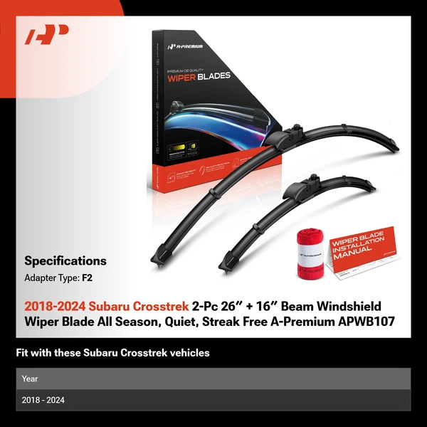 2018-2024 Subaru Crosstrek 2-Pc 26″ + 16″ Beam Windshield Wiper Blade All Season, Quiet, Streak Free A-Premium APWB107