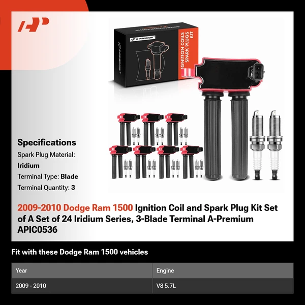 2009-2010 Dodge Ram 1500 Ignition Coil and Spark Plug Kit Set of A Set of 24 Iridium Series, 3-Blade Terminal A-Premium APIC0536