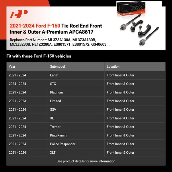 2021-2024 Ford F-150 Tie Rod End Front Inner & Outer A-Premium APCA8617