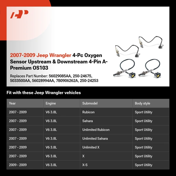 2007-2009 Jeep Wrangler 4-Pc Oxygen Sensor Upstream & Downstream 4-Pin A-Premium OS103