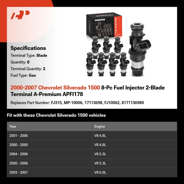 2000-2007 Chevrolet Silverado 1500 8-Pc Fuel Injector 2-Blade Terminal A-Premium APFI178