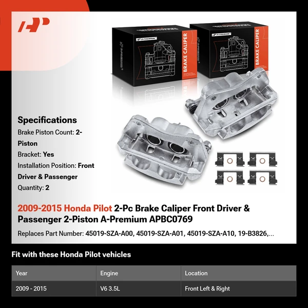 2009-2015 Honda Pilot 2-Pc Brake Caliper Front Driver & Passenger 2-Piston A-Premium APBC0769