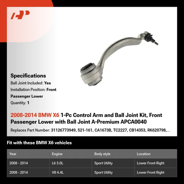 2008-2014 BMW X6 1-Pc Control Arm and Ball Joint Kit, Front Passenger Lower with Ball Joint A-Premium APCA0040