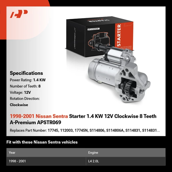 1998-2001 Nissan Sentra Starter 1.4 KW 12V Clockwise 8 Teeth A-Premium APSTR069