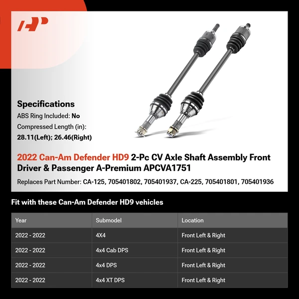 2022 Can-Am Defender HD9 2-Pc CV Axle Shaft Assembly Front Driver & Passenger A-Premium APCVA1751