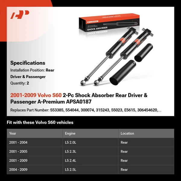 2001-2009 Volvo S60 2-Pc Shock Absorber Rear Driver & Passenger A-Premium APSA0187