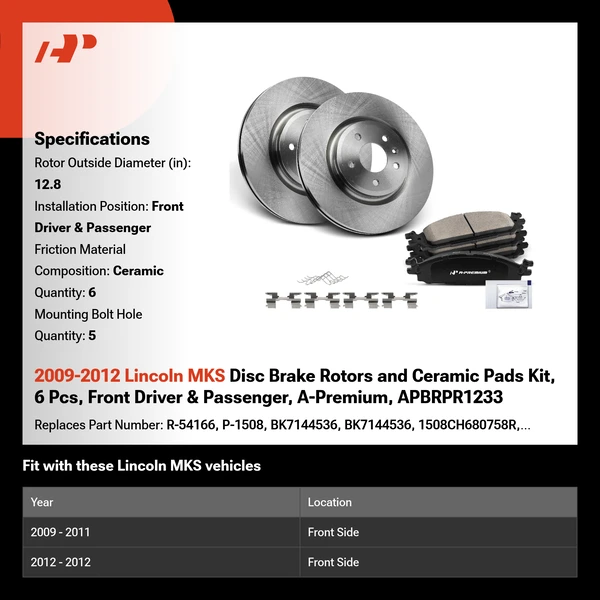 2009-2012 Lincoln MKS Disc Brake Rotors and Ceramic Pads Kit, 6 Pcs, Front Driver & Passenger, A-Premium, APBRPR1233