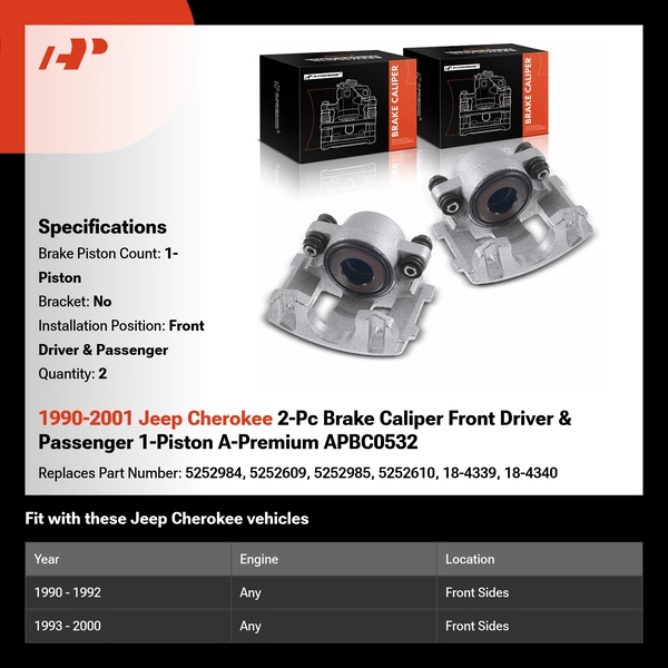1990-2001 Jeep Cherokee 2-Pc Brake Caliper Front Driver & Passenger 1-Piston A-Premium APBC0532