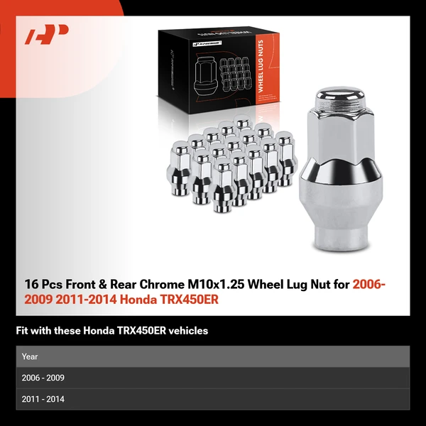16 Pcs Front & Rear Chrome M10x1.25 Wheel Lug Nut for 2006-2009 2011-2014 Honda TRX450ER