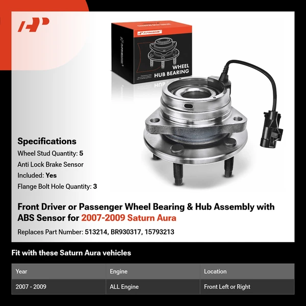 Front Driver or Passenger Wheel Bearing & Hub Assembly with ABS Sensor for 2007-2009 Saturn Aura
