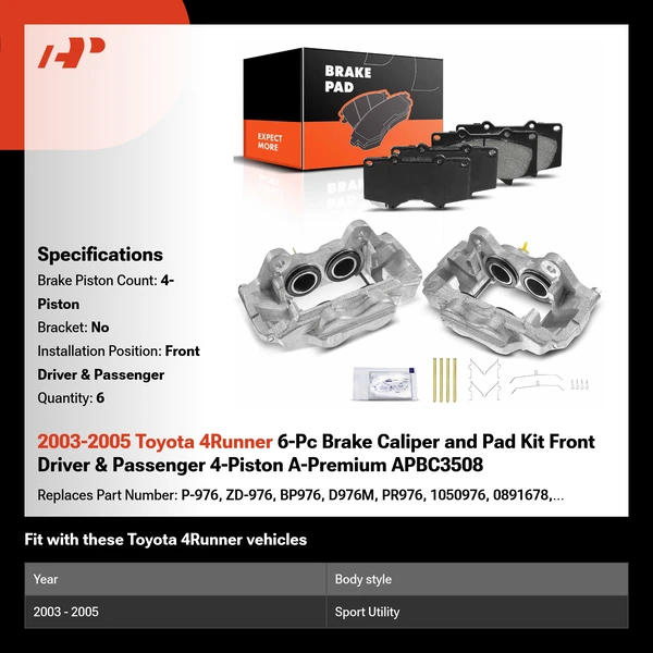 2003-2005 Toyota 4Runner 6-Pc Brake Caliper and Pad Kit Front Driver & Passenger 4-Piston A-Premium APBC3508