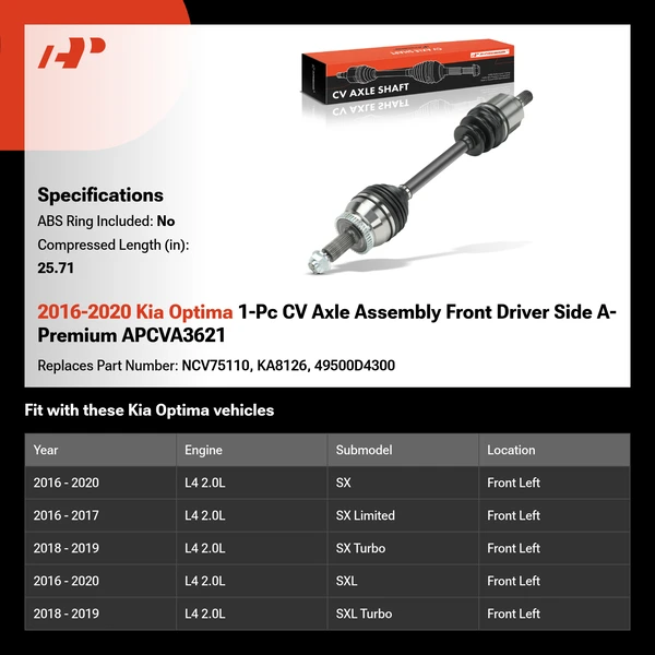 2016-2020 Kia Optima 1-Pc CV Axle Assembly Front Driver Side A-Premium APCVA3621