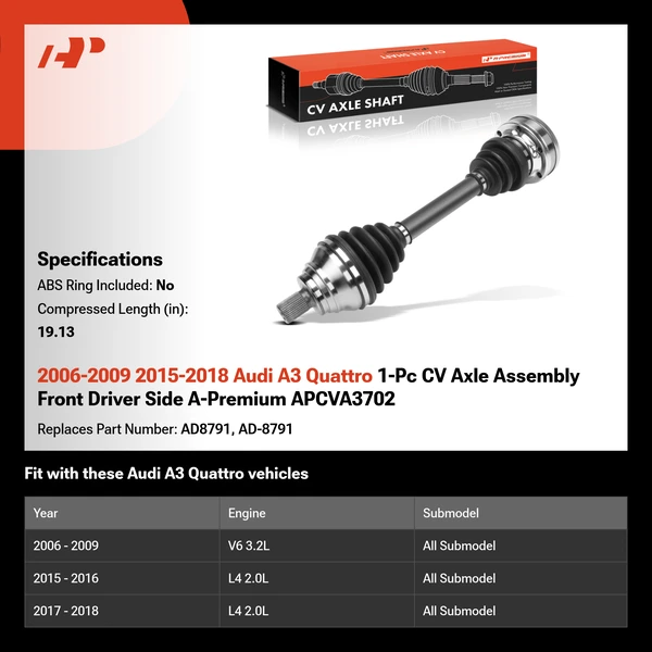 2006-2009 2015-2018 Audi A3 Quattro 1-Pc CV Axle Assembly Front Driver Side A-Premium APCVA3702
