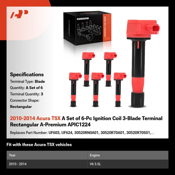 2010-2014 Acura TSX A Set of 6-Pc Ignition Coil 3-Blade Terminal Rectangular A-Premium APIC1224