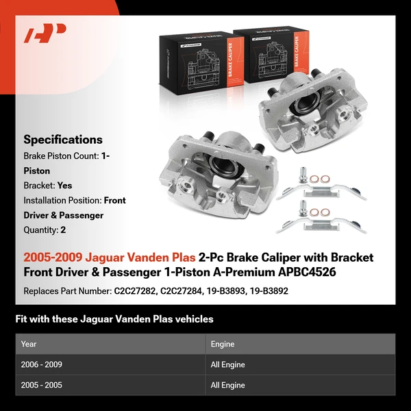 2005-2009 Jaguar Vanden Plas 2-Pc Brake Caliper with Bracket Front Driver & Passenger 1-Piston A-Premium APBC4526