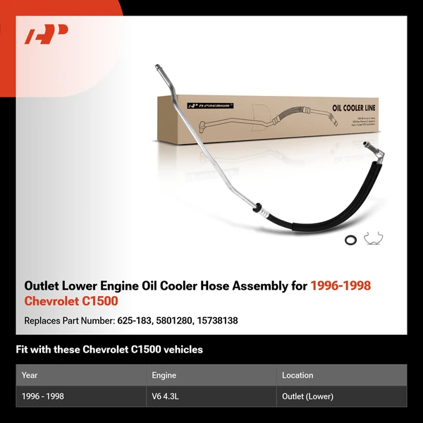 Outlet Lower Engine Oil Cooler Hose Assembly for 1996-1998 Chevrolet C1500