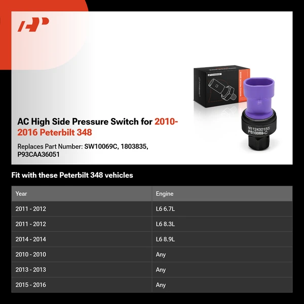 AC High Side Pressure Switch for 2010-2016 Peterbilt 348