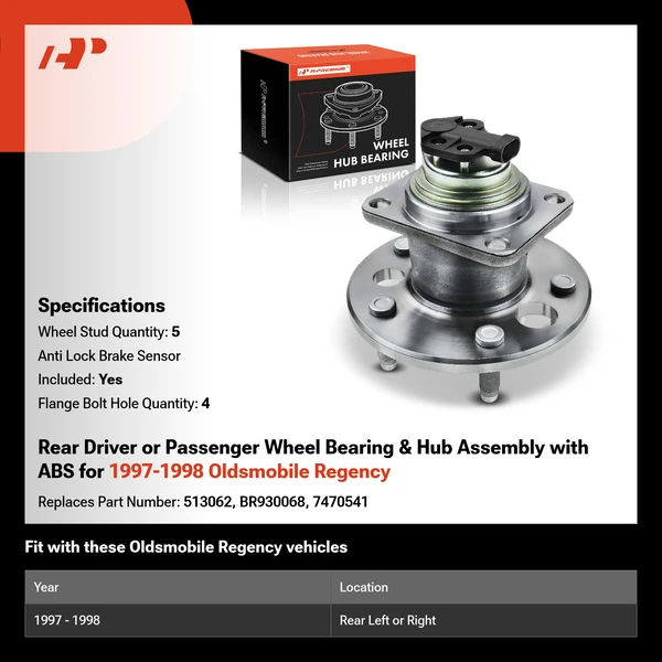 Rear Driver or Passenger Wheel Bearing & Hub Assembly with ABS for 1997-1998 Oldsmobile Regency