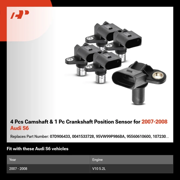 4 Pcs Camshaft & 1 Pc Crankshaft Position Sensor for 2007-2008 Audi S6