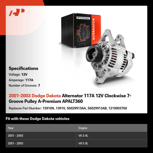 2001-2003 Dodge Dakota Alternator 117A 12V Clockwise 7-Groove Pulley A-Premium APALT360
