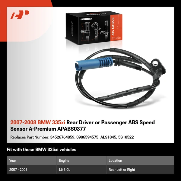 2007-2008 BMW 335xi Rear Driver or Passenger ABS Speed Sensor A-Premium APABS0377