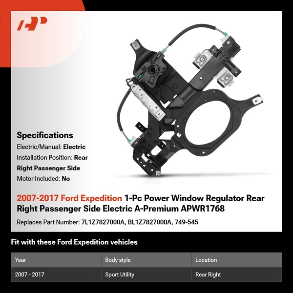 2007-2017 Ford Expedition 1-Pc Power Window Regulator Rear Right Passenger Side Electric A-Premium APWR1768