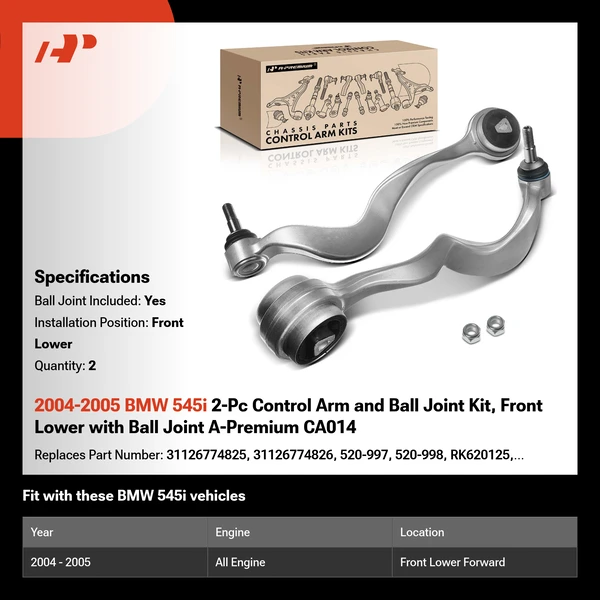 2004-2005 BMW 545i 2-Pc Control Arm and Ball Joint Kit, Front Lower with Ball Joint A-Premium CA014