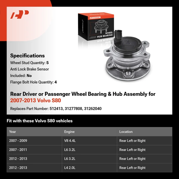 Rear Driver or Passenger Wheel Bearing & Hub Assembly for 2007-2013 Volvo S80