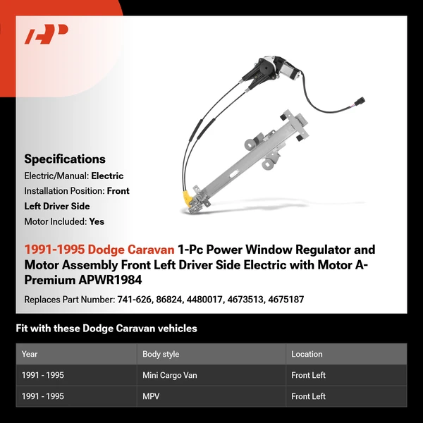 1991-1995 Dodge Caravan 1-Pc Power Window Regulator and Motor Assembly Front Left Driver Side Electric with Motor A-Premium APWR1984