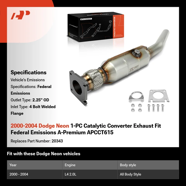 2000-2004 Dodge Neon 1-PC Catalytic Converter Exhaust Fit Federal Emissions A-Premium APCCT615