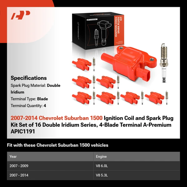 2007-2014 Chevrolet Suburban 1500 Ignition Coil and Spark Plug Kit Set of 16 Double Iridium Series, 4-Blade Terminal A-Premium APIC1191